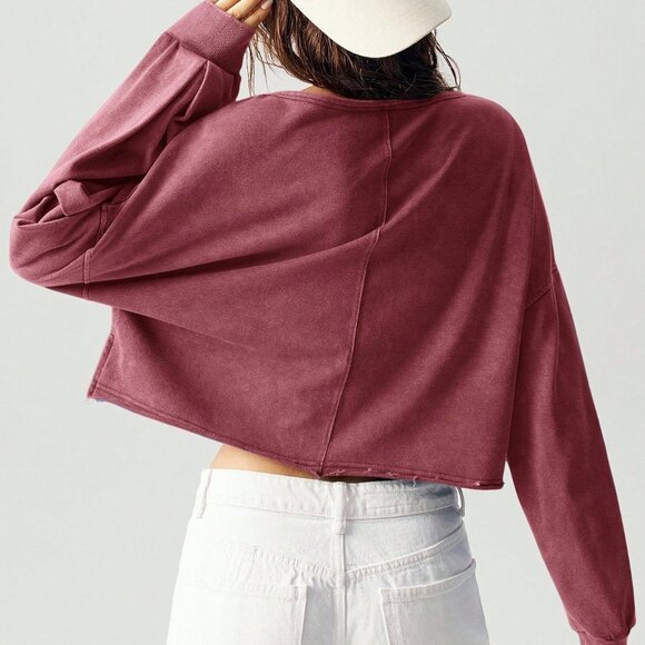 Burgundy Casual Women's V-Neck Long Sleeve Cropped Sweatshirt - Picture 2 of 9